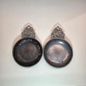 STEDE Vintage Pewter Porringer Bowls Ornate Handle Set Of 2